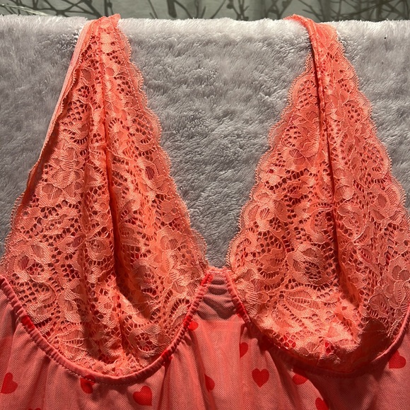 Halter teddy; coral color with red hearts. - Picture 2 of 3